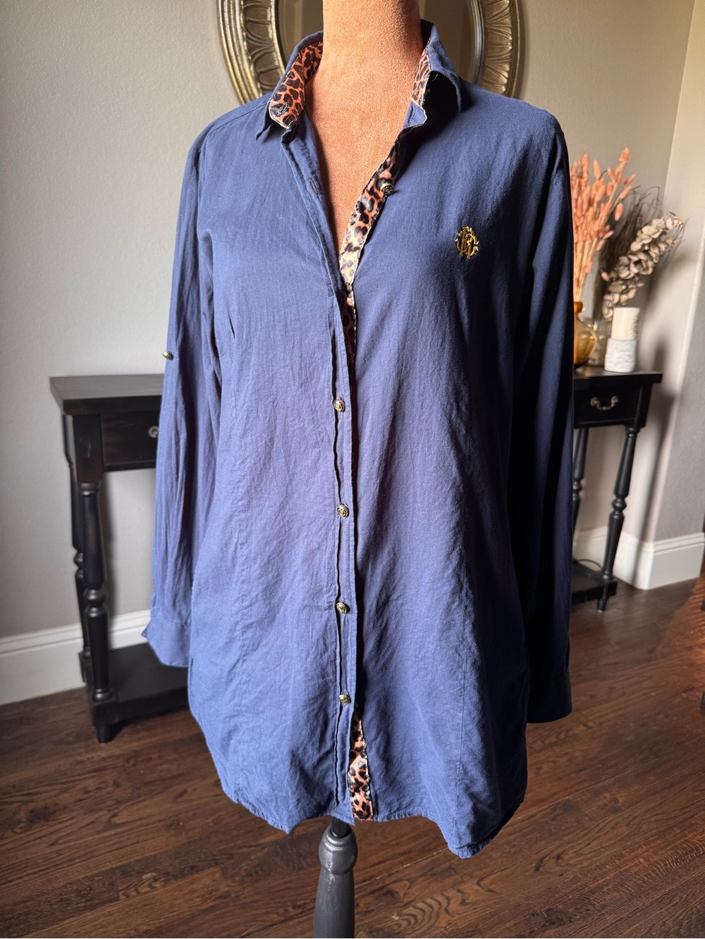 Vintage Roberto Cavalli Navy Tunic with Leopard Trim w/pockets 80s 90s